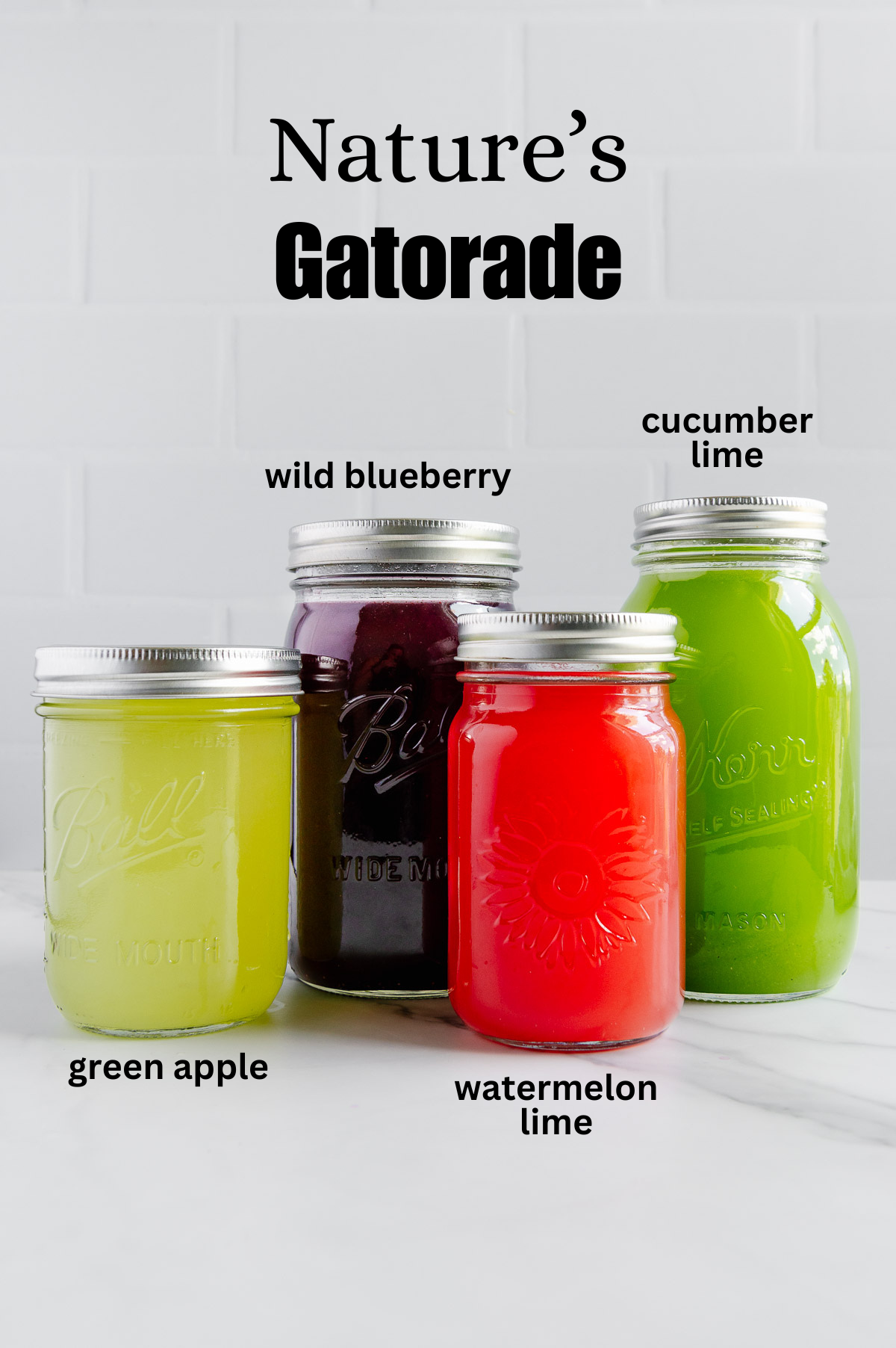 Four flavors of homemade nature's gatorade in mason jars with a white background.
