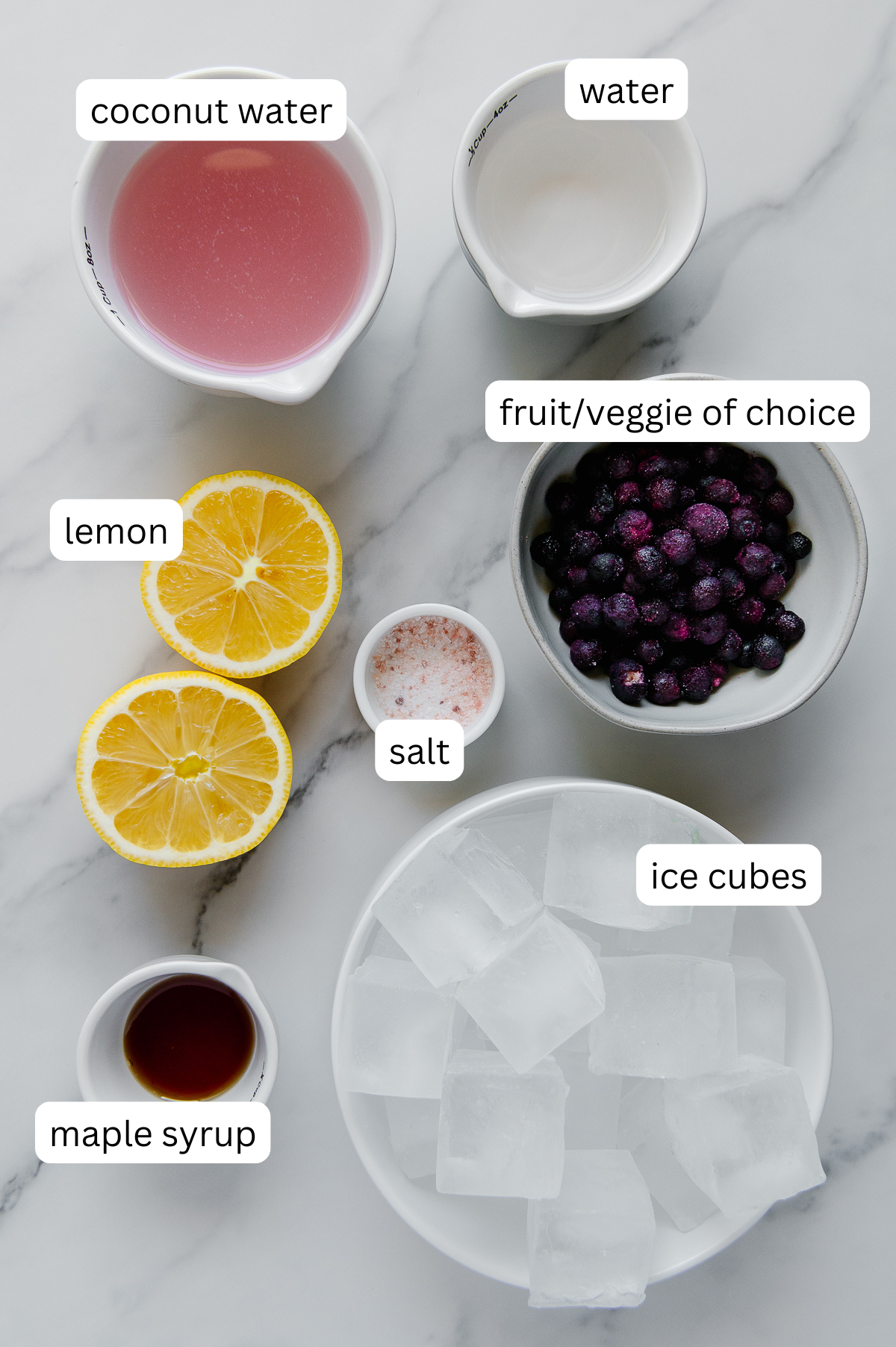 Ingredients of "Nature's Gatorade" with a white marble background.