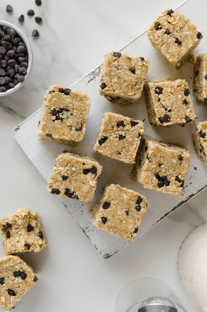 Homemade Heavenly Hunks no a white rectangular platter with a white marble background.