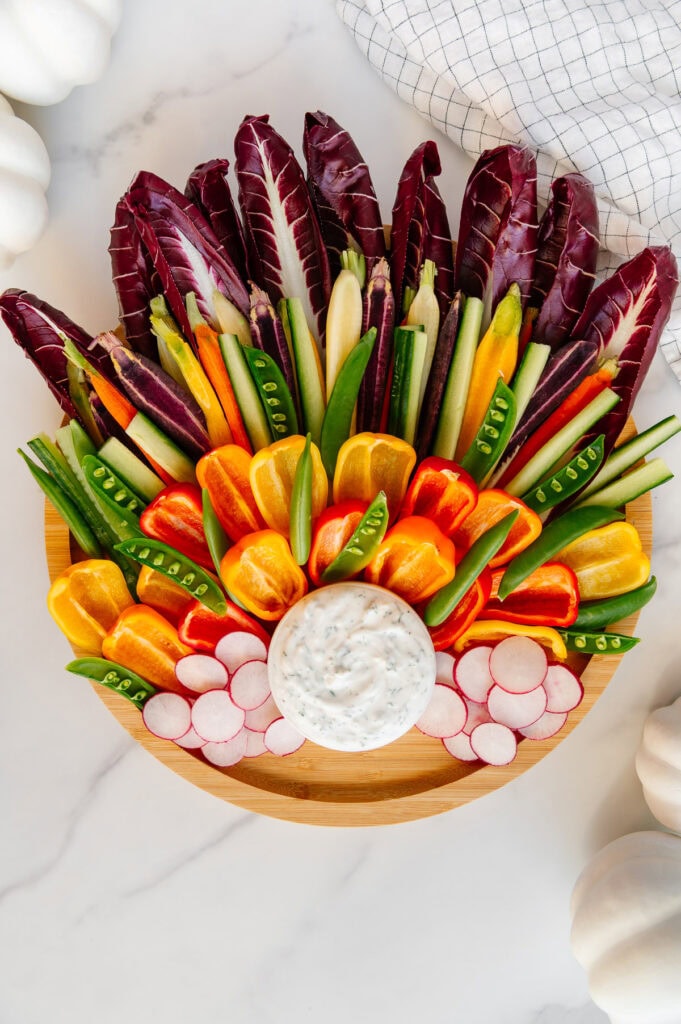 Thanksgiving turkey platter on a wooden circular platter prior to adding a face to the ranch.