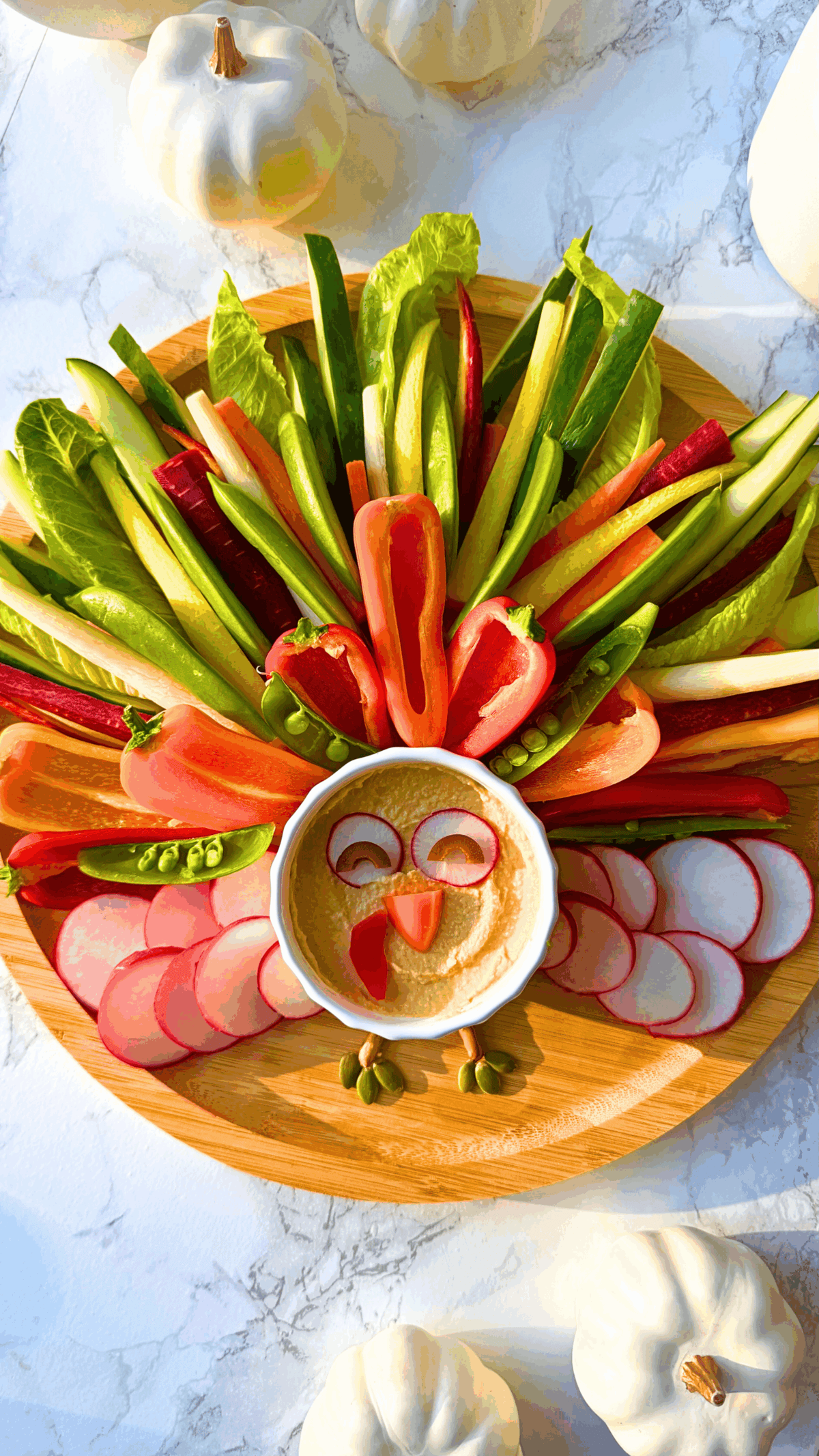 Assorted vegetables arranged to look like a turkey's body with a small bowl of hummus used as the face.