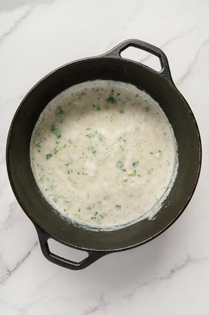 Vegan potato soup in a dutch oven prior to adding toppings.