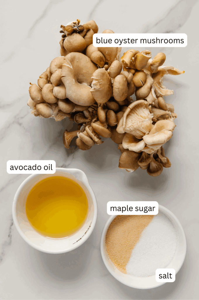Vegan mushroom bacon ingredients with a white marble background.