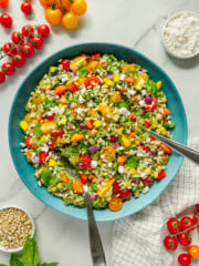 A large blue bowl filled with colorful chopped salad, including cherry tomatoes, feta cheese, cucumbers, red onion, and herbs, with two serving spoons. Surrounding the bowl are bowls of feta, pine nuts, fresh basil, and cherry tomatoes.