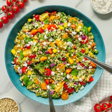 A large blue bowl filled with colorful chopped salad, including cherry tomatoes, feta cheese, cucumbers, red onion, and herbs, with two serving spoons. Surrounding the bowl are bowls of feta, pine nuts, fresh basil, and cherry tomatoes.