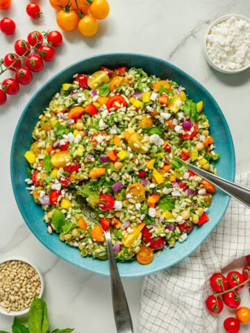 A large blue bowl filled with colorful chopped salad, including cherry tomatoes, feta cheese, cucumbers, red onion, and herbs, with two serving spoons. Surrounding the bowl are bowls of feta, pine nuts, fresh basil, and cherry tomatoes.