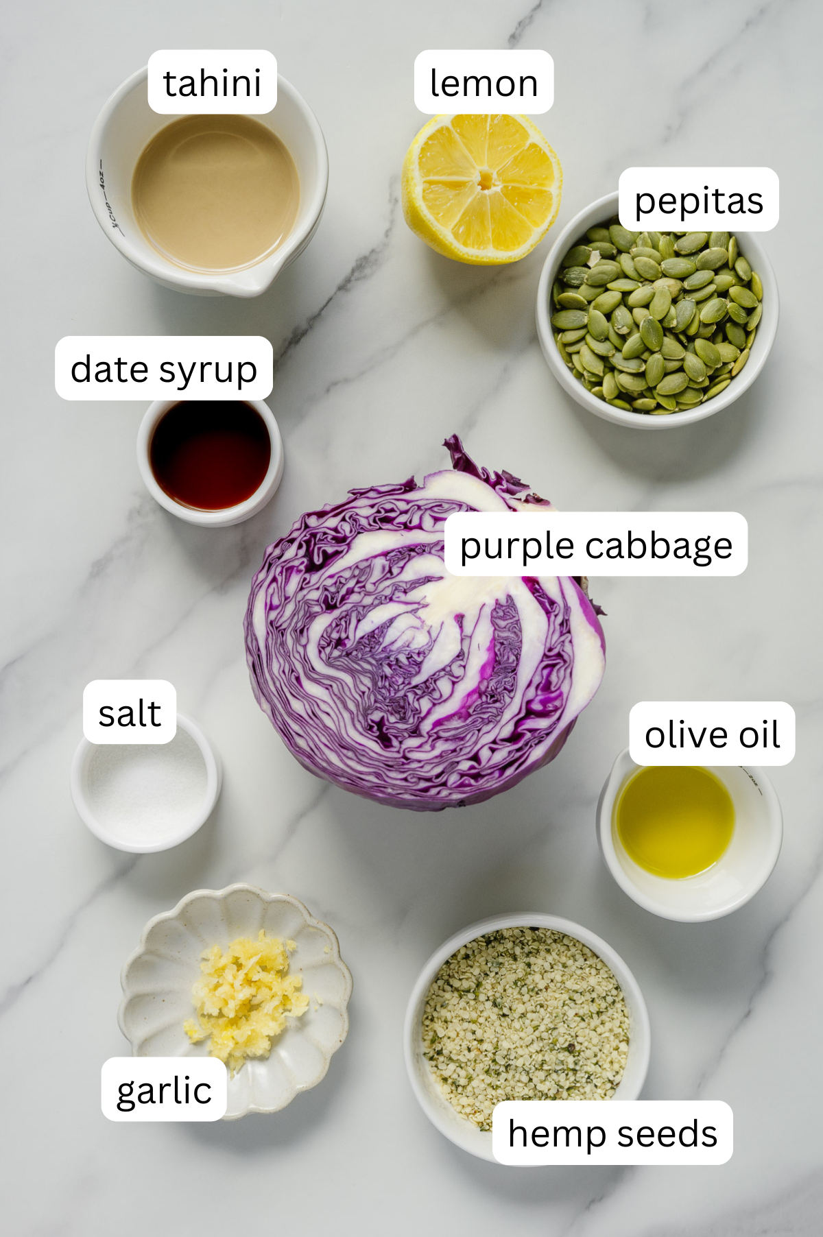 Top-down view of labeled ingredients on a marble surface: tahini, lemon, pepitas, date syrup, purple cabbage, salt, olive oil, garlic, and hemp seeds-perfect for preparing a healthy coleslaw or creamy tahini coleslaw with no mayo. Ingredients are arranged in small bowls or directly on the surface.