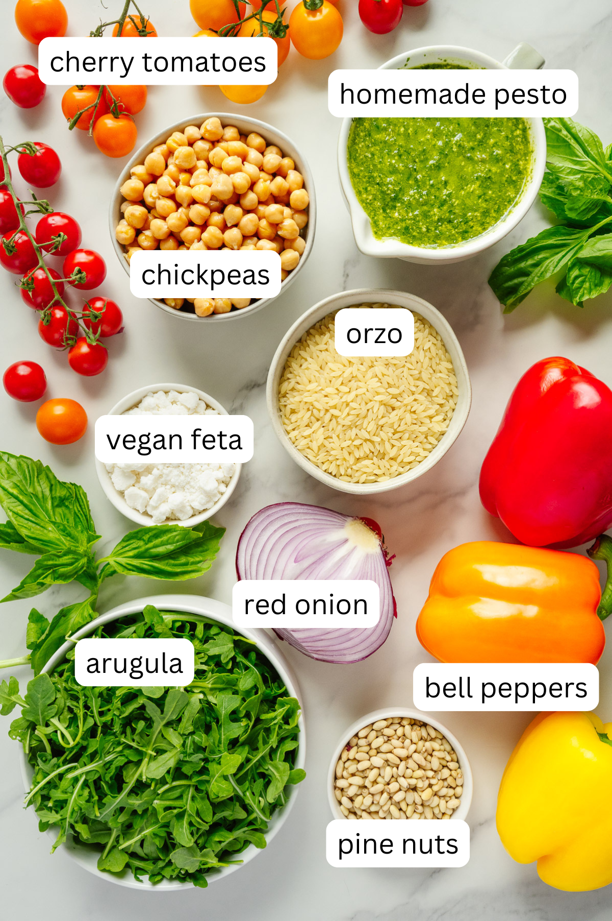 A flat lay of fresh ingredients for a vibrant pesto orzo pasta salad, labeled: cherry tomatoes, homemade pesto, chickpeas, vegan feta, red onion, bell peppers, arugula, basil, and pine nuts on a light surface.
